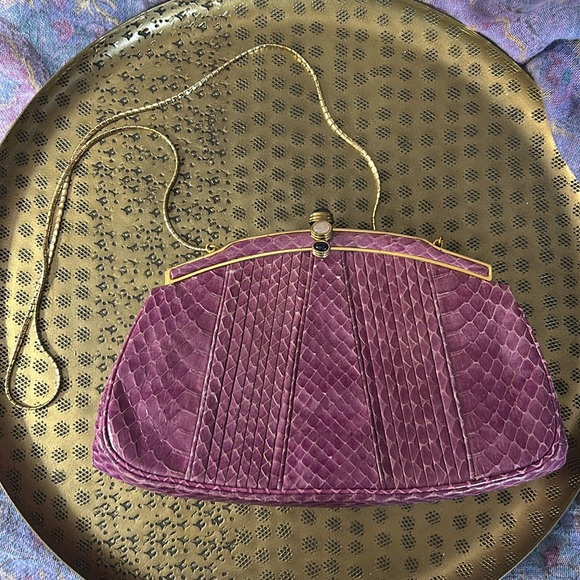 Judith Leiber Bag Purple Snakeskin Lizard Skin Gemstones Snap Top - Picture 1 of 17